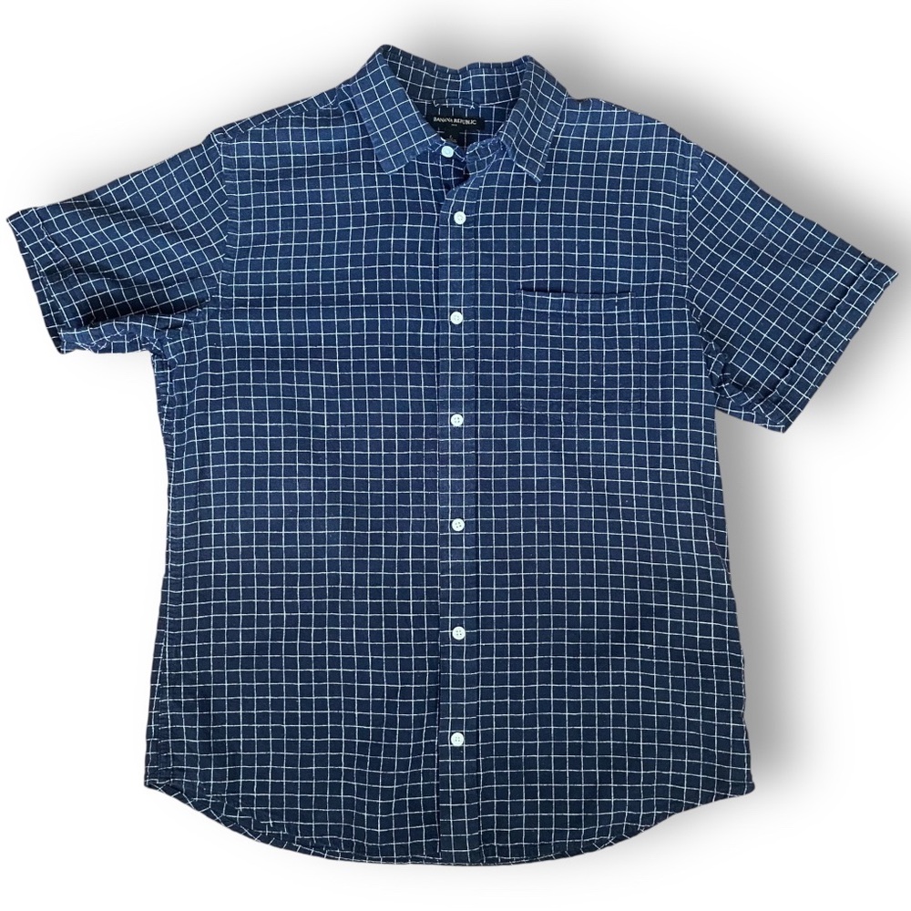 Banana Republic Blue Linen Blend Short sleeve button down white windowpane Large